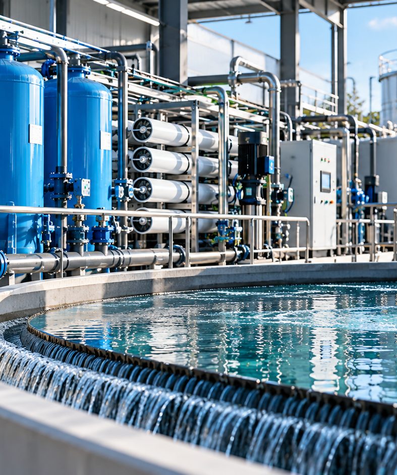 Treated water flowing through a treatment basin