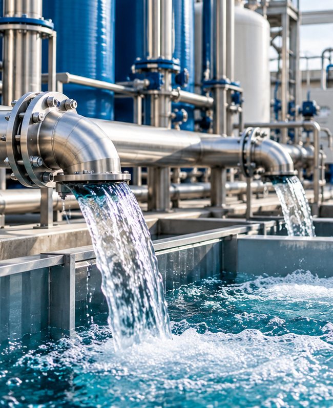 Water treatment plant with pipework discharging treated water into a basin